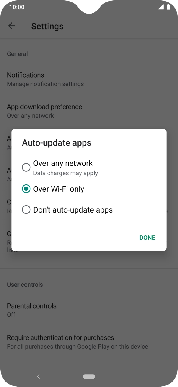 To turn on automatic update of apps using mobile network, press Over any network.