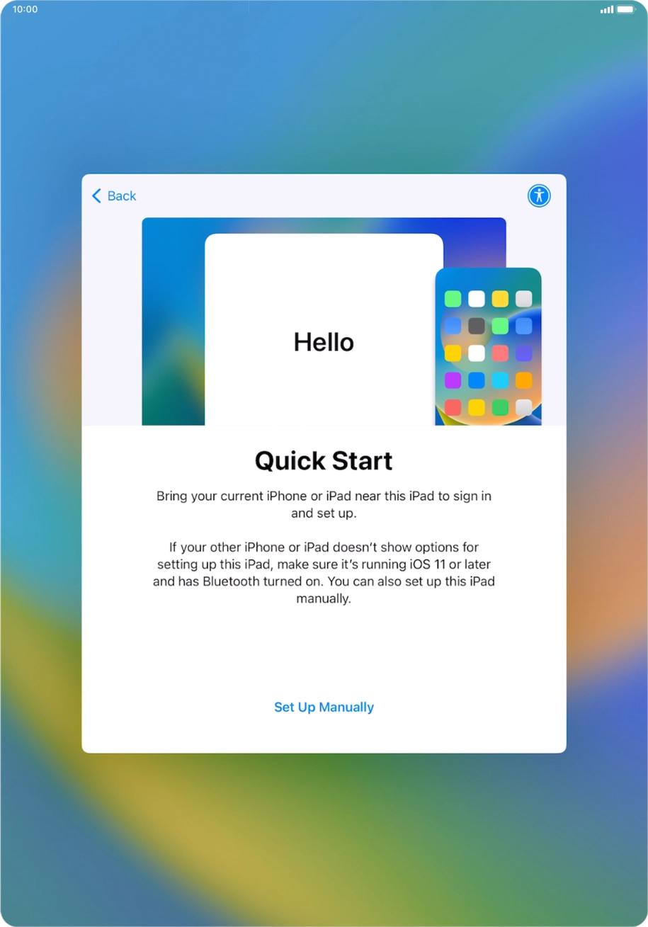 Follow the instructions on the screen to transfer content from another device running iOS 11 or later or press Set Up Manually. Follow the instructions on the screen to transfer content from another device running iOS 11 or later or press Set Up Manually.