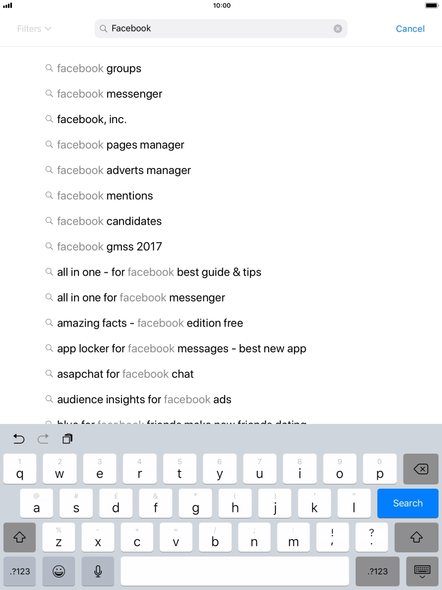 Key in Facebook and press Search. Key in Facebook and press Search.