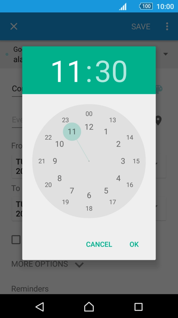 Drag the indicator to the required hour and minute.
