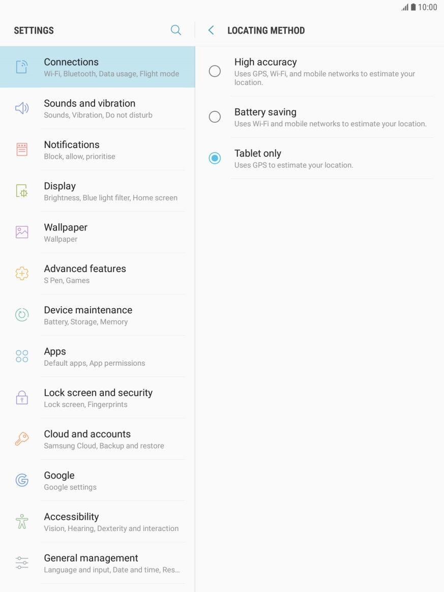 If you select High accuracy, your tablet can find your exact position using the GPS satellites, the mobile network and nearby Wi-Fi networks. Satellite-based GPS requires a clear view of the sky.