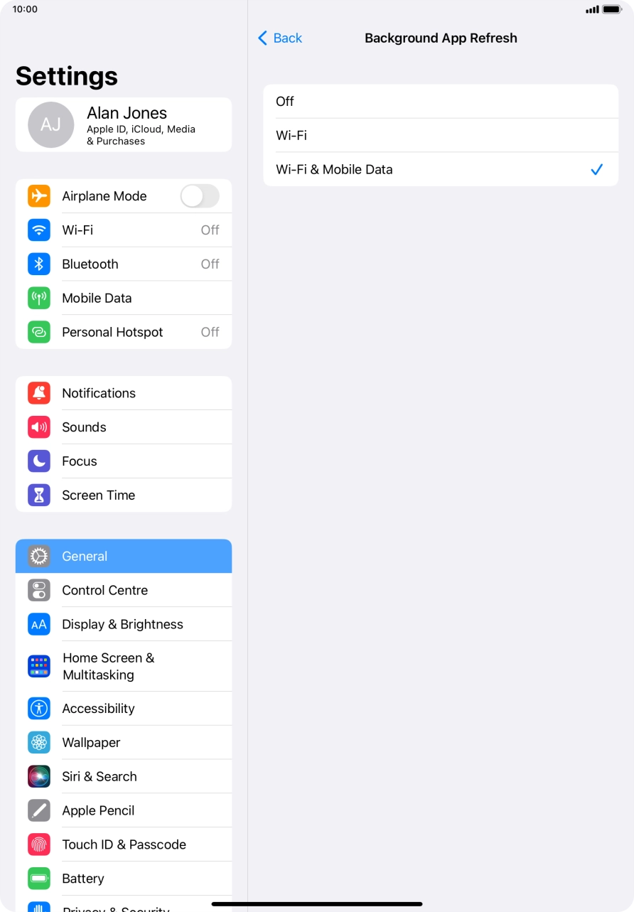 To turn off background refresh of apps, press Off.
