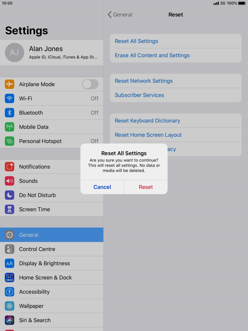 Press Reset. Wait a moment while the factory default settings are restored. Follow the instructions on the screen to set up your tablet and prepare it for use.