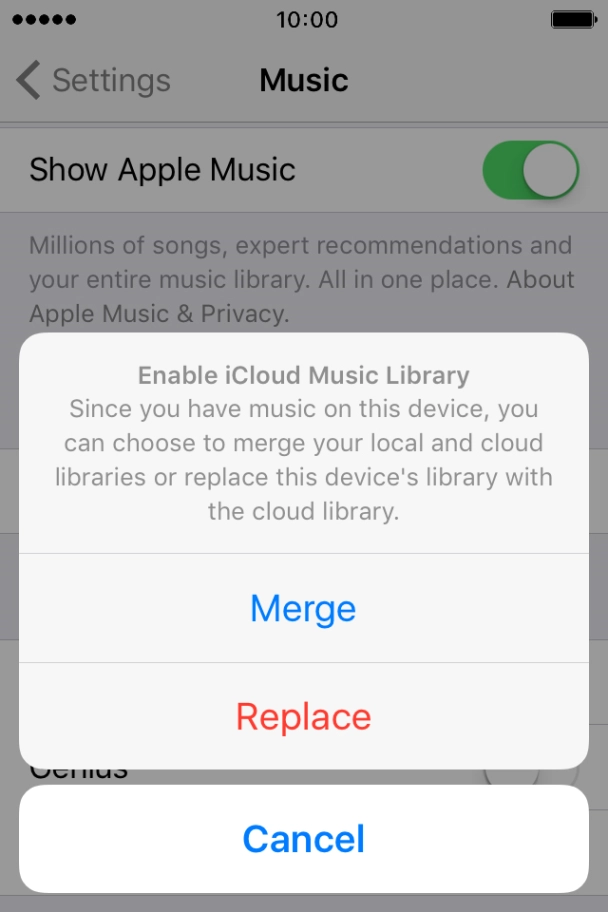 Press Merge to merge the music library on your phone with the iCloud Music Library.