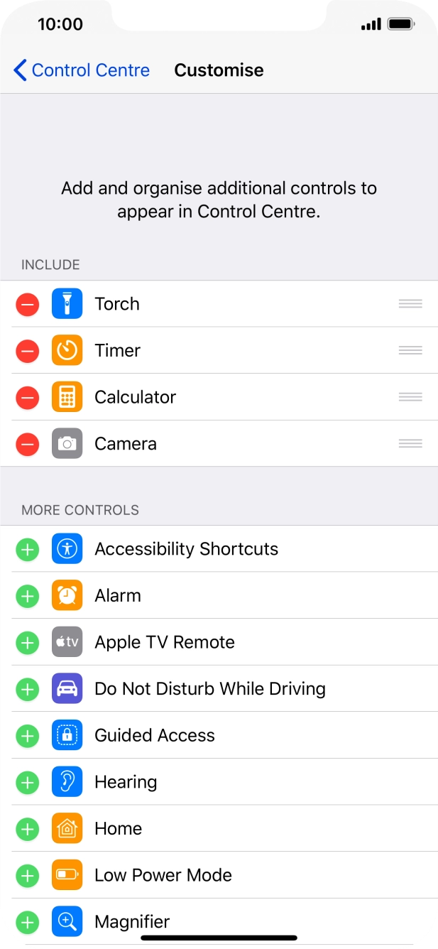 Press the delete icon next to the required function to remove it from Control Centre.