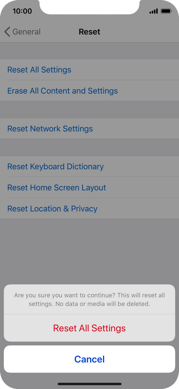 Press Reset All Settings. Wait a moment while the factory default settings are restored. Follow the instructions on the screen to set up your phone and prepare it for use.