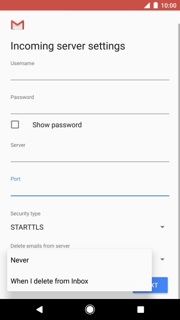 Press Never to keep email on the server when you delete them on your phone. Press Never to keep email on the server when you delete them on your phone.