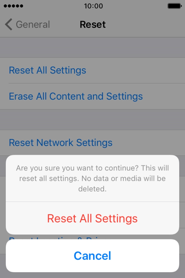 Press Reset All Settings. Wait a moment while the factory default settings are restored. 
Follow the instructions on the screen to set up your phone and prepare it for use.