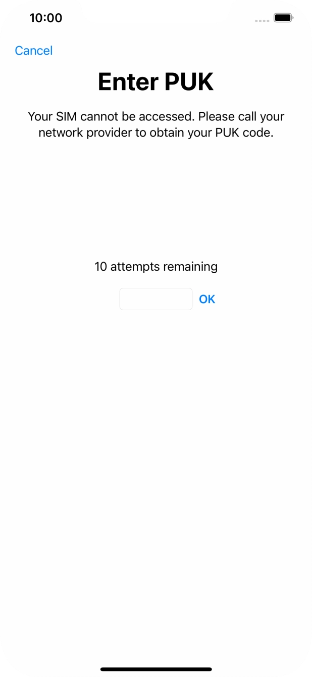 Key in the PUK and press OK.