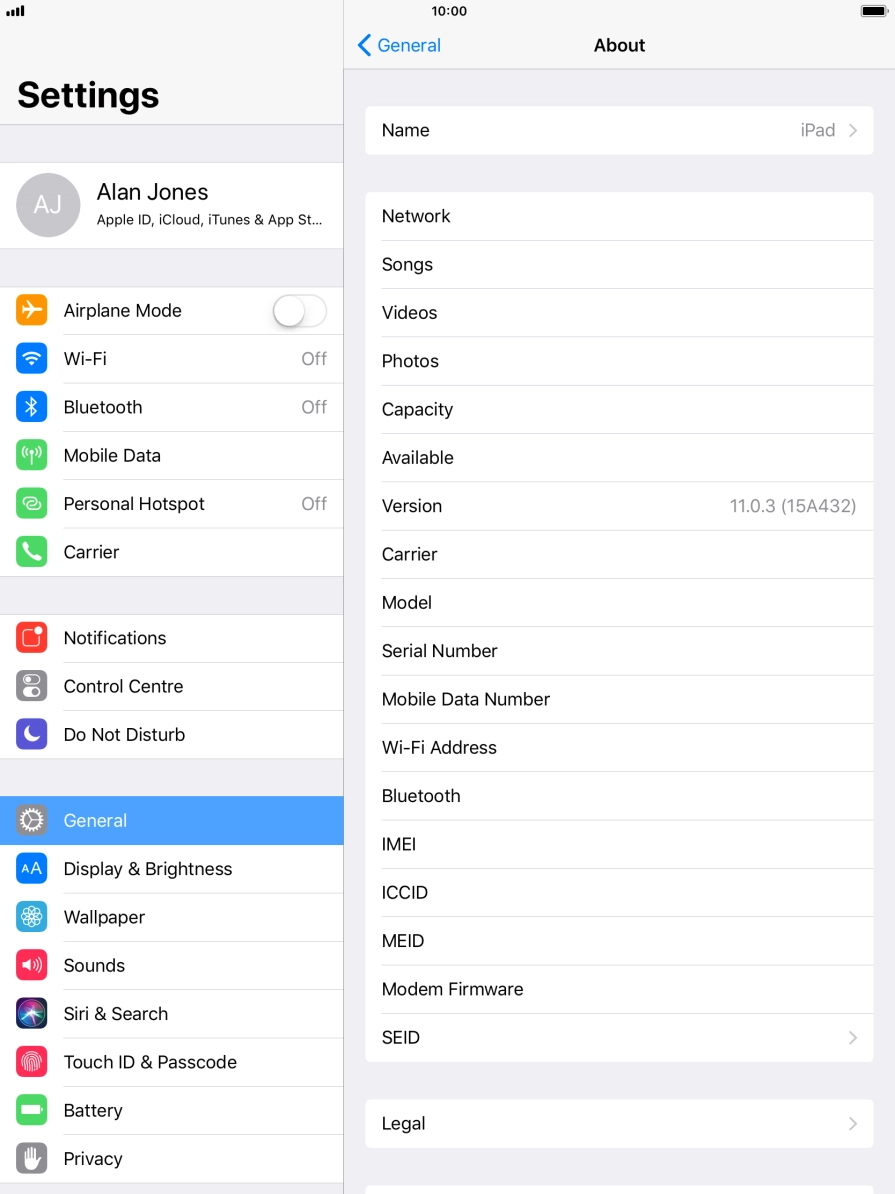 Your tablet's software version is displayed next to Version.