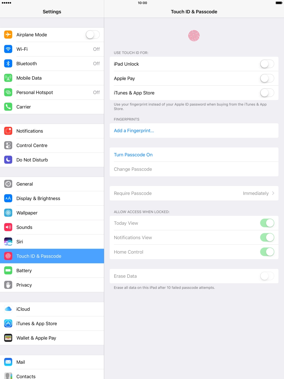 Press Turn Passcode On and key in a lock code of your own choice twice.