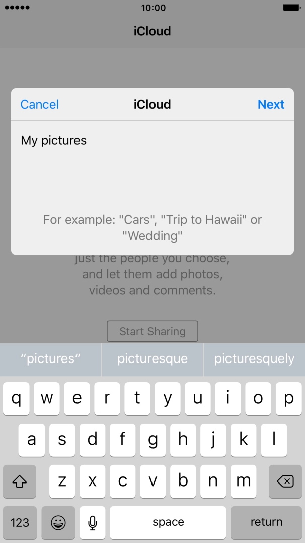 Press Next and key in the first letters of the contact you want to share the album with.