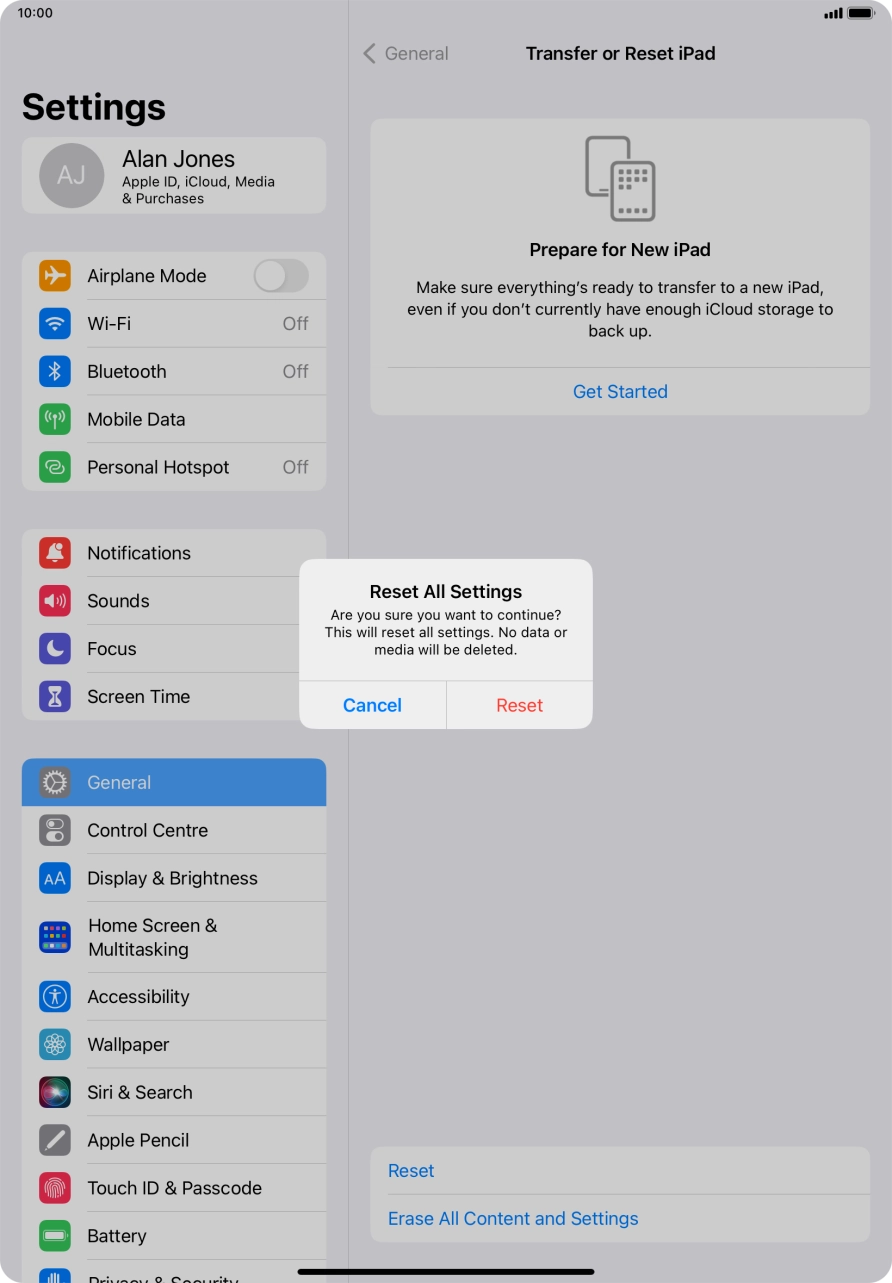 Press Reset. Wait a moment while the factory default settings are restored. Follow the instructions on the screen to set up your tablet and prepare it for use. Press Reset. Wait a moment while the factory default settings are restored. Follow the instructions on the screen to set up your tablet and prepare it for use.