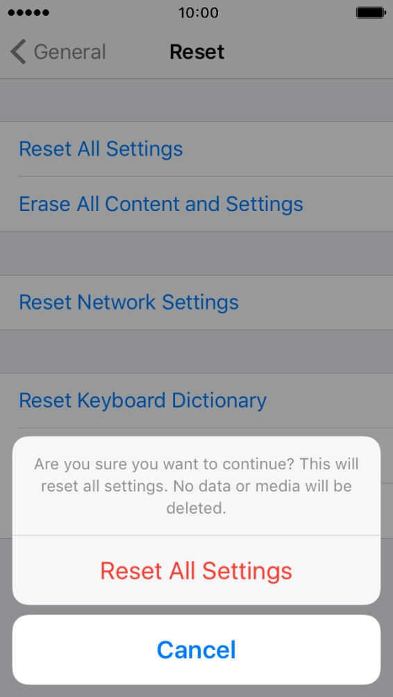 Press Reset All Settings. Wait a moment while the factory default settings are restored. 
Follow the instructions on the screen to set up your phone and prepare it for use.