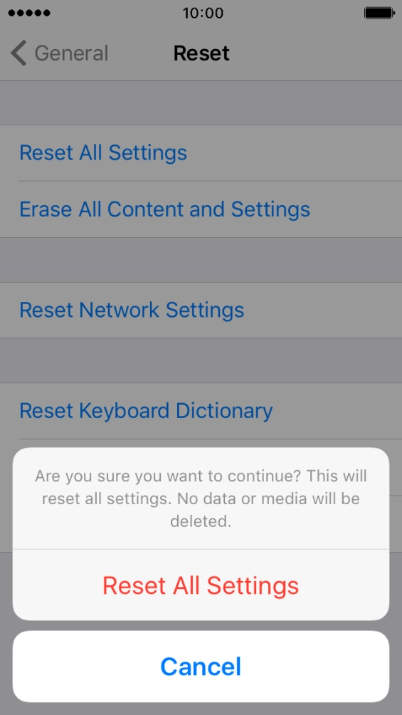 Press Reset All Settings. Wait a moment while the factory default settings are restored.
Follow the instructions on the screen to set up your phone and prepare it for use. Press Reset All Settings. Wait a moment while the factory default settings are restored.
Follow the instructions on the screen to set up your phone and prepare it for use.
