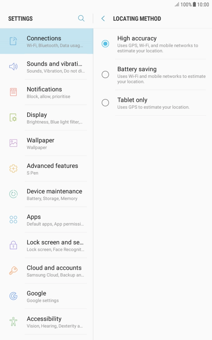 If you select High accuracy, your tablet can find your exact position using the GPS satellites, the mobile network and nearby Wi-Fi networks. Satellite-based GPS requires a clear view of the sky.