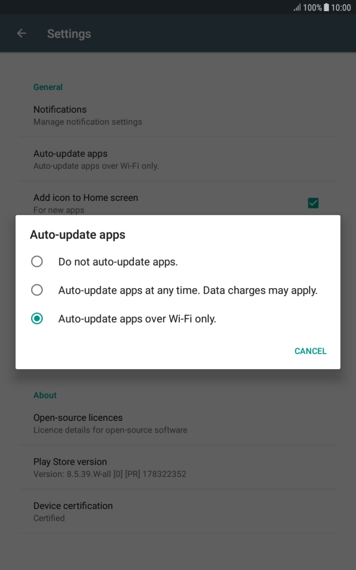 To turn off automatic update of apps, press Do not auto-update apps..