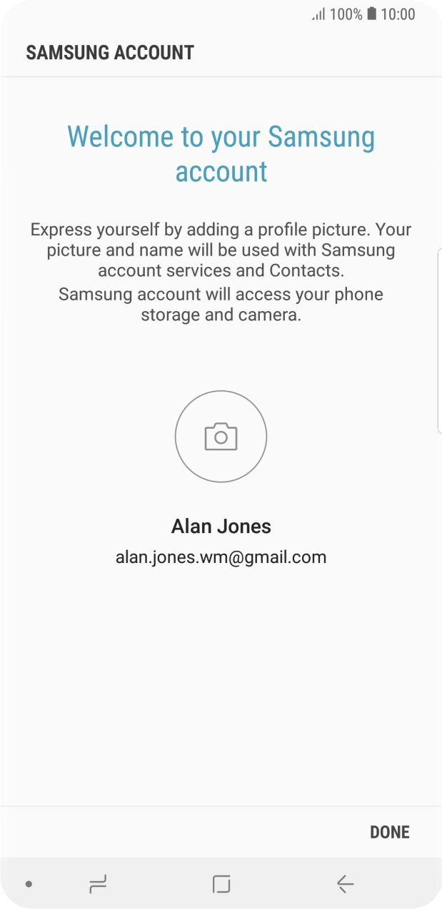 Press DONE and follow the instructions on the screen to select settings for your Samsung account.