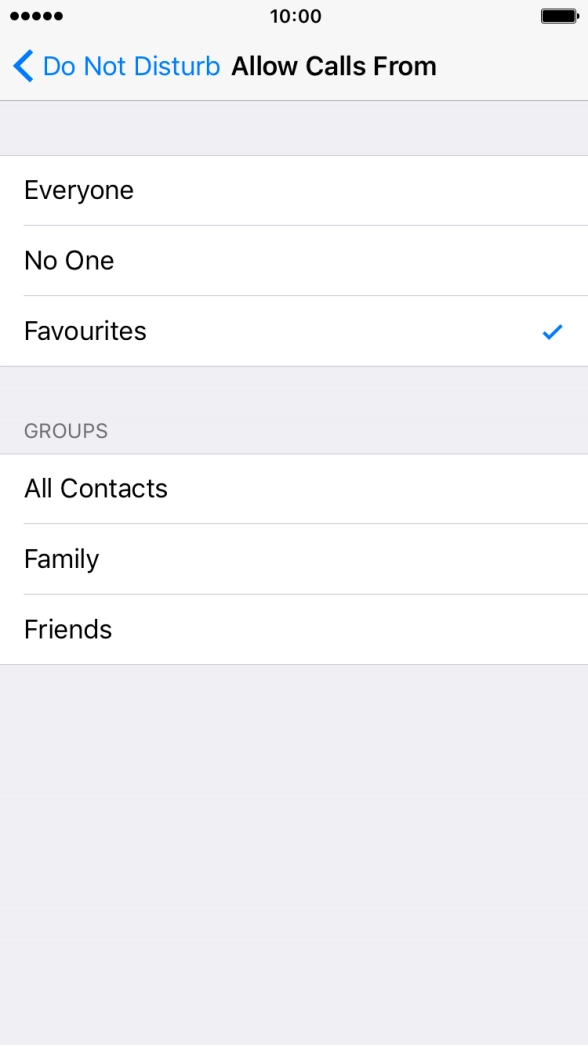 Press the required setting to select which contacts can call you even though Do Not Disturb is turned on.