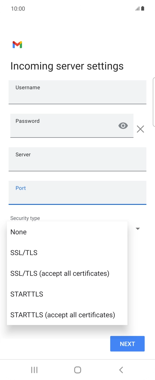 Press SSL /TLS (accept all certificates).