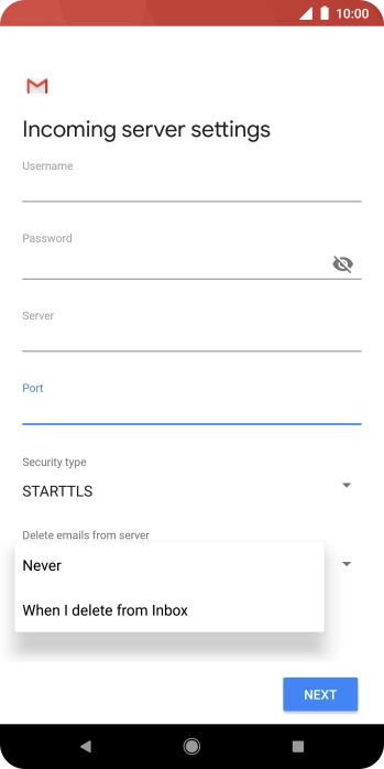 Press Never to keep email on the server when you delete them on your phone. Press Never to keep email on the server when you delete them on your phone.