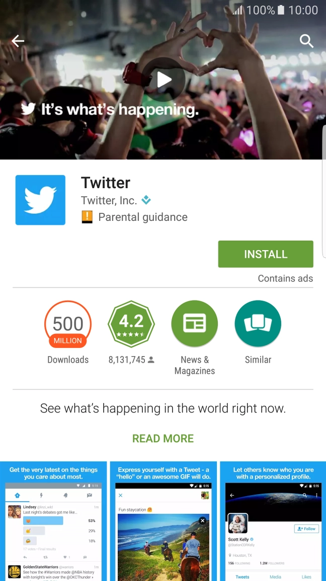 Press INSTALL and follow the instructions on the screen to install Twitter. Press INSTALL and follow the instructions on the screen to install Twitter.