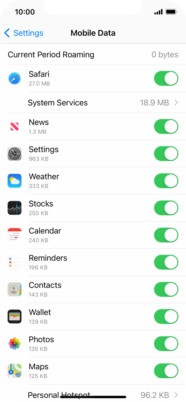 The data usage for each application is displayed below the name of the application.