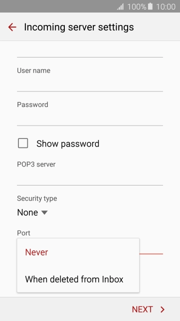 Press Never to keep email on the server when you delete them on your phone. Press Never to keep email on the server when you delete them on your phone.