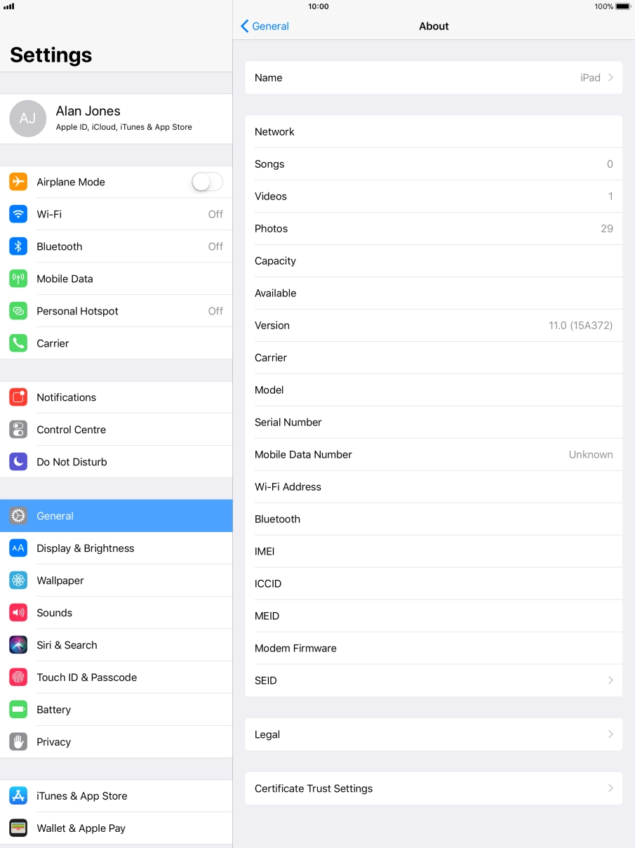Your tablet's software version is displayed next to Version. Your tablet's software version is displayed next to Version.