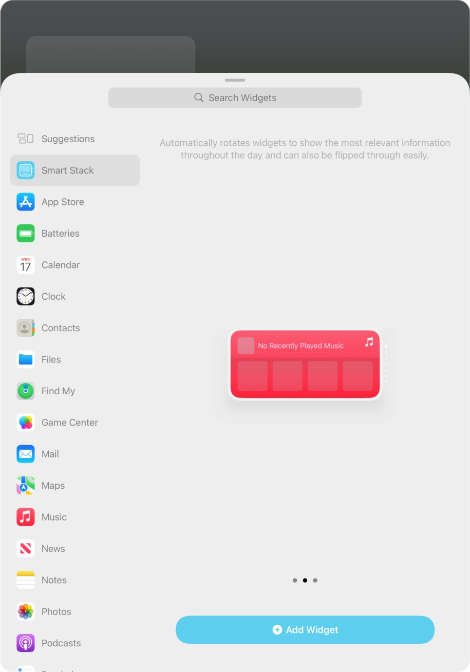 Slide your finger right or left on the screen to select the required widget size.