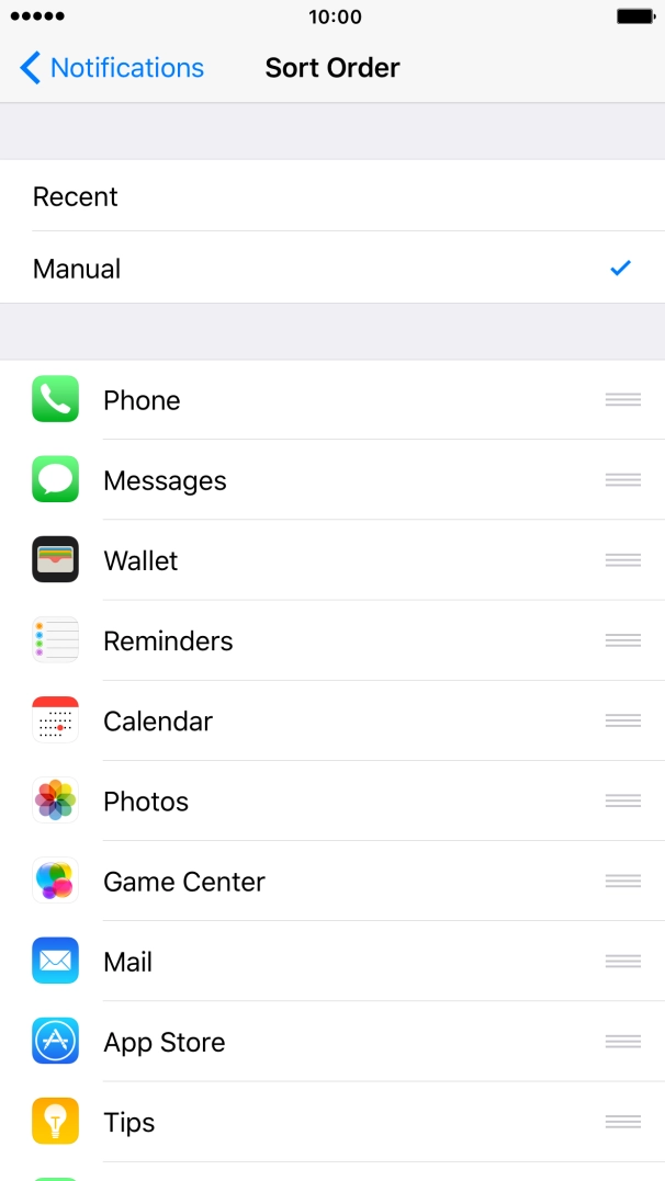 To sort push notifications manually, press the organise icon next to the required menu item and drag it to the required position on the list.