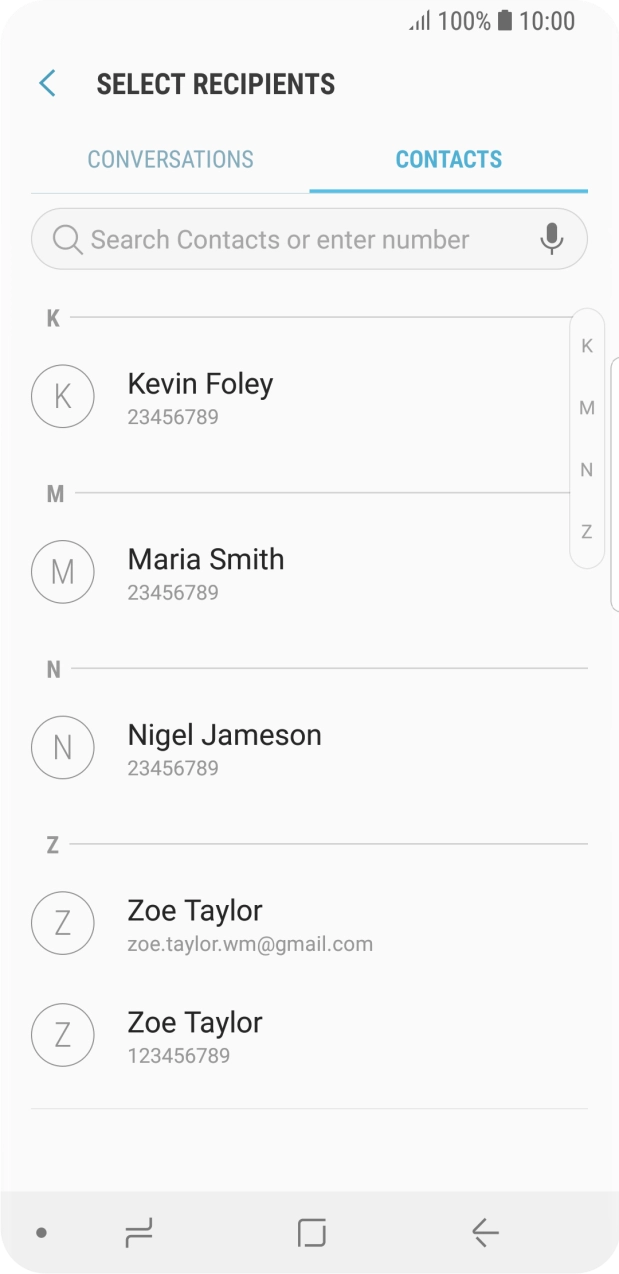 Press the search field and key in the first letters of the recipient's name.