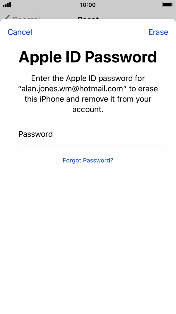 Key in the password for your Apple ID and press Erase. Wait a moment while the factory default settings are restored. Follow the instructions on the screen to set up your phone and prepare it for use.