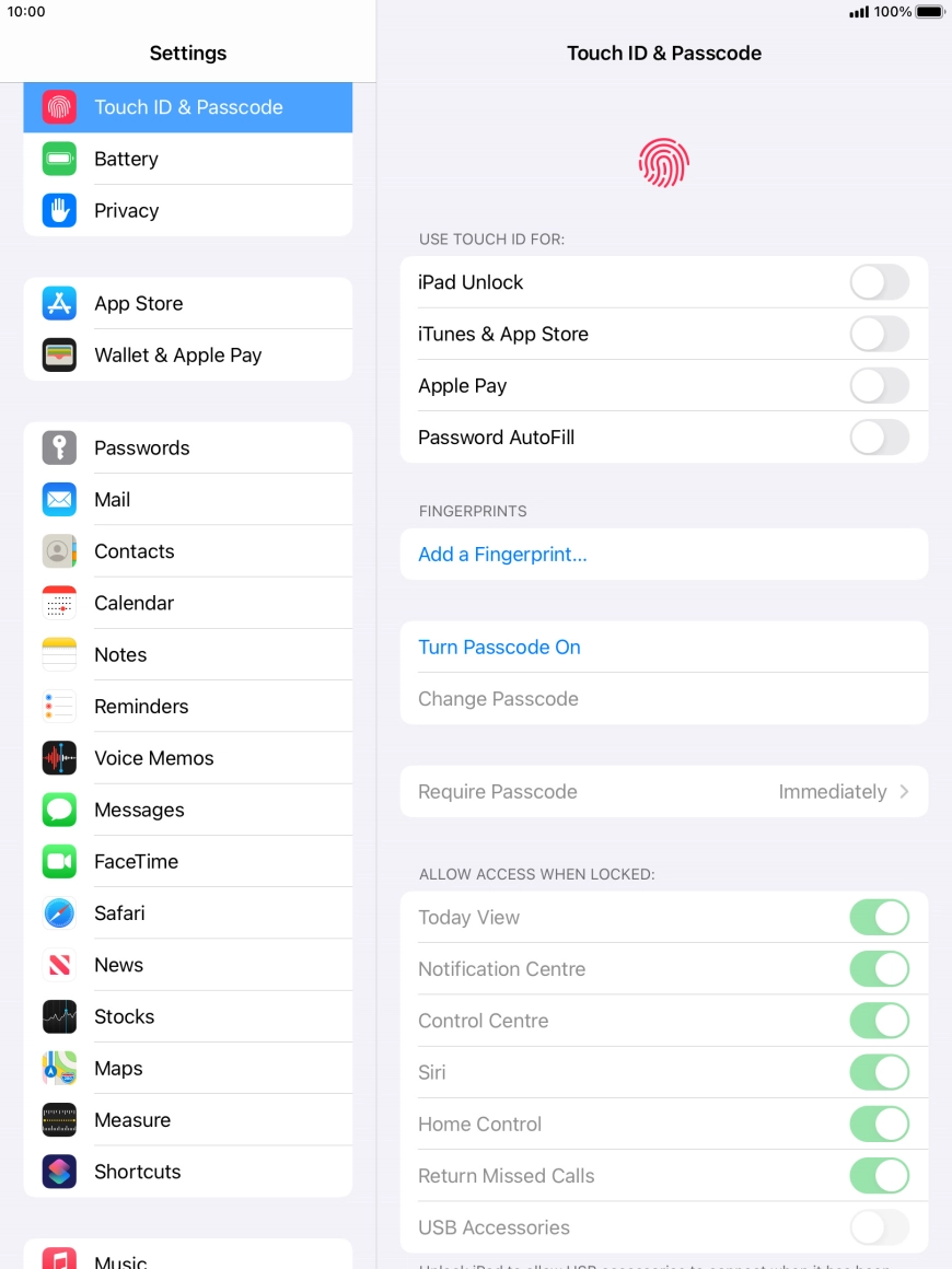 Press Turn Passcode On and key in a lock code of your own choice twice.