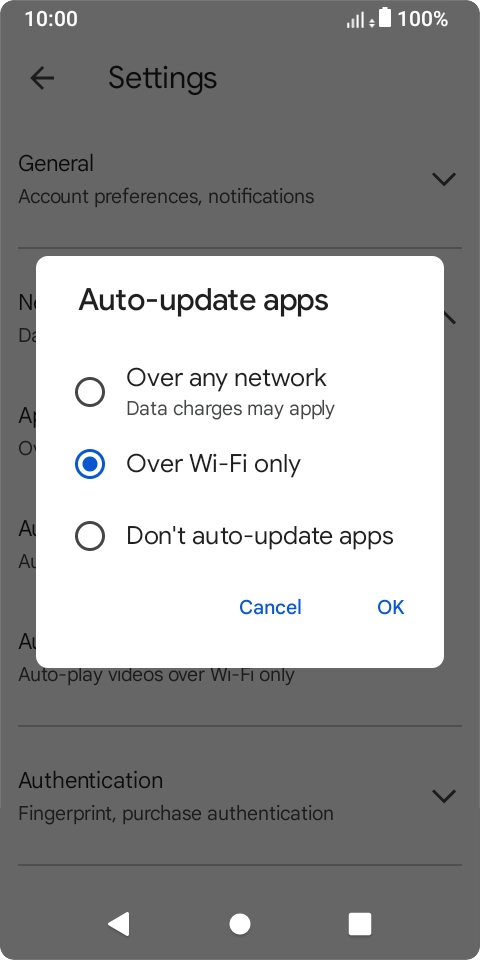 To turn on automatic update of apps using mobile network, press Over any network.