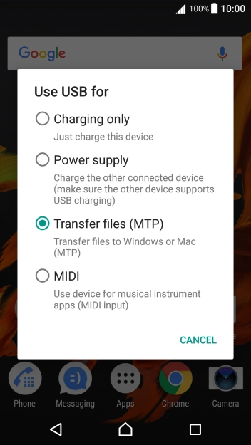 Press Transfer files (MTP).