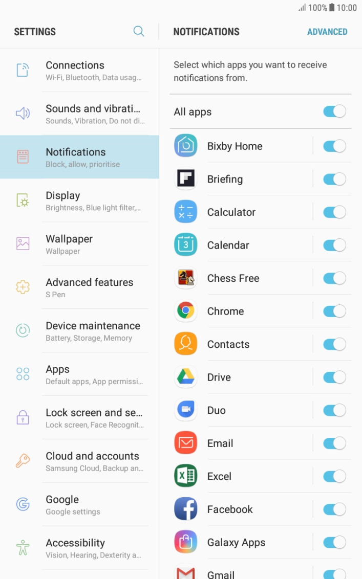 Press the indicator next to the required app to turn the function on or off.