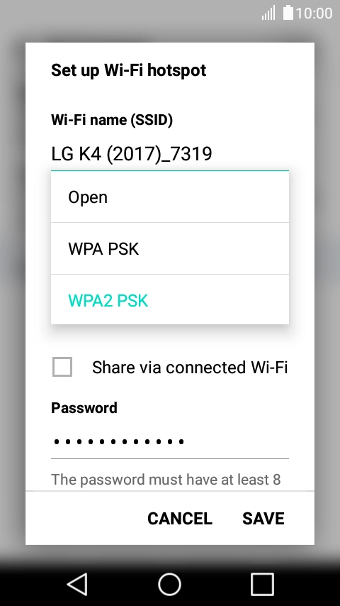 Press WPA2 PSK to password protect your Wi-Fi hotspot.