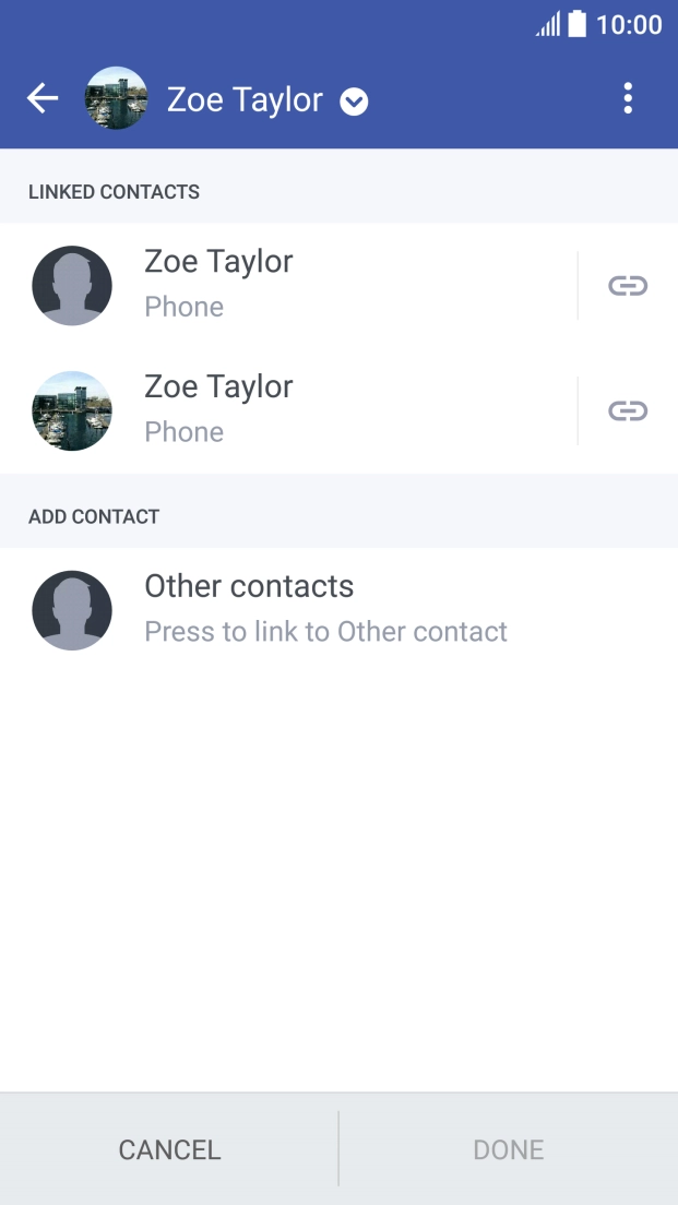 Press the merge icon next to the required contact.