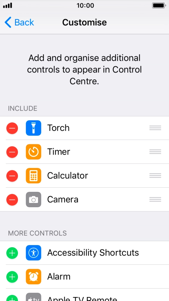 Press the delete icon next to the required function to remove it from Control Centre.