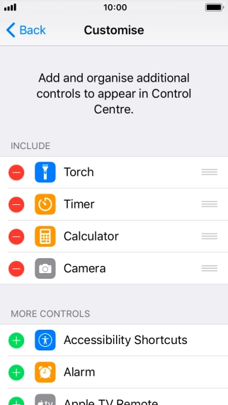 Press the delete icon next to the required function to remove it from Control Centre.
