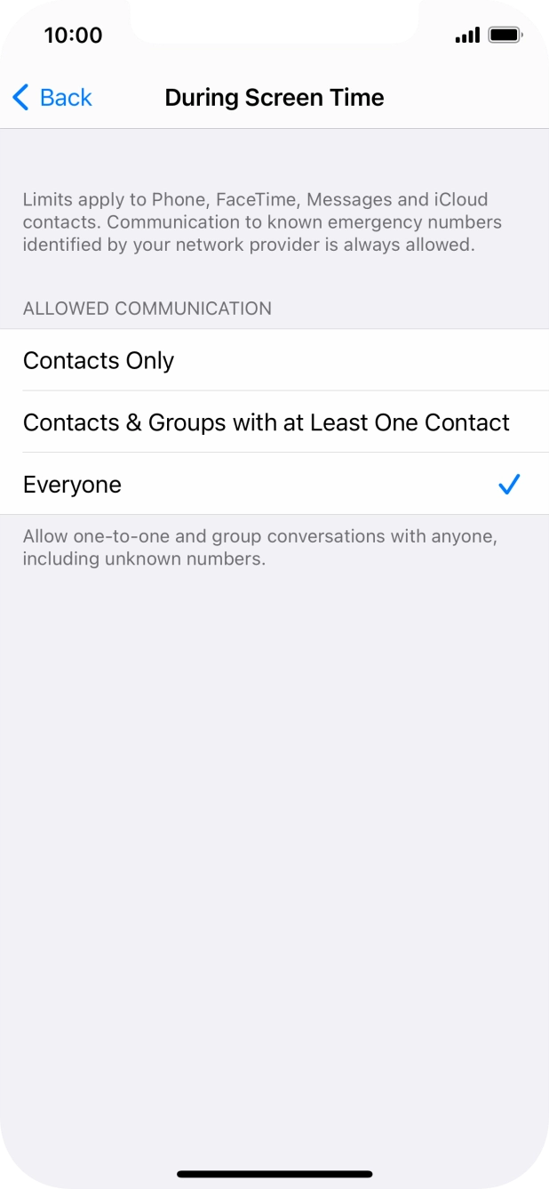Press the required setting.