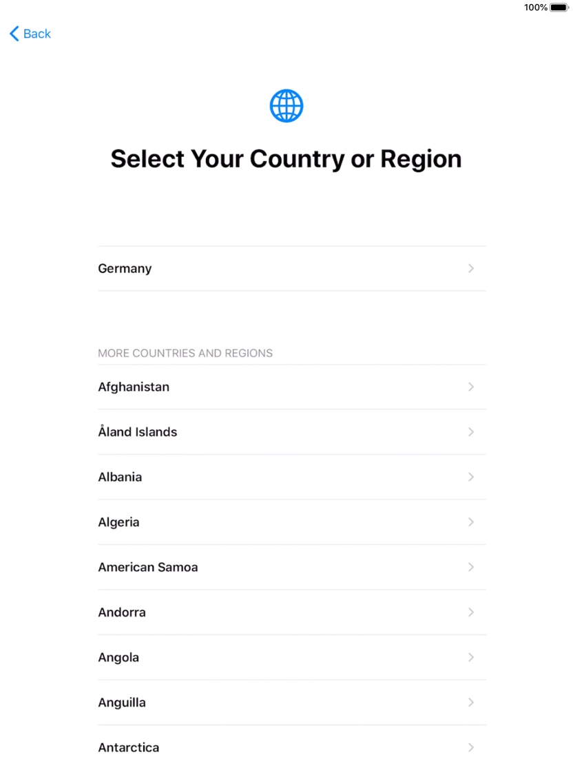 Press the required country or area. Press the required country or area.