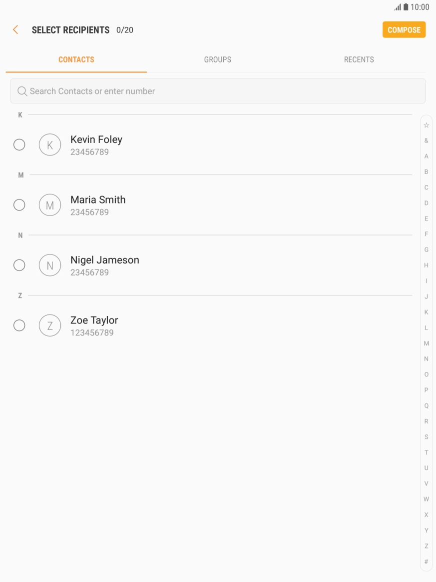Press the search field and key in the first letters of the recipient's name.