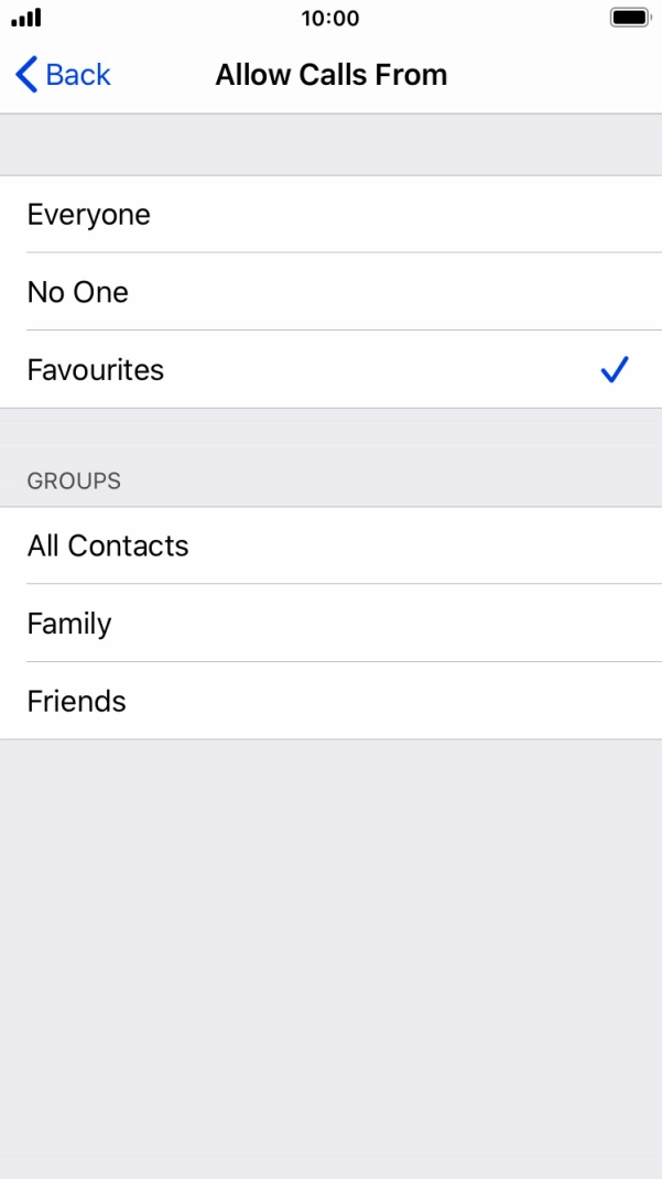 Press the required setting to select which contacts can call you even though Do Not Disturb is turned on.