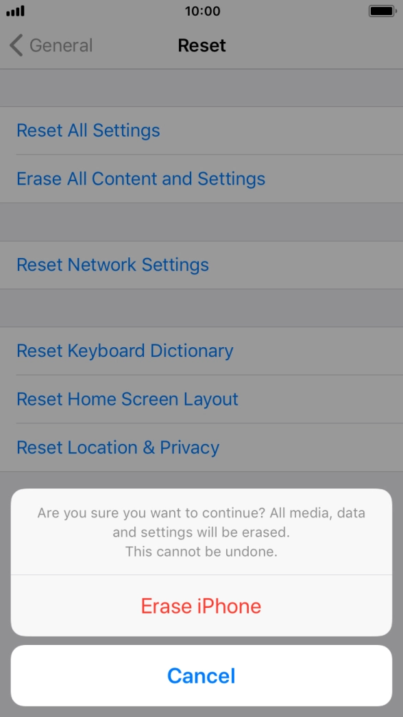 Press Erase iPhone. Wait a moment while the factory default settings are restored. Follow the instructions on the screen to set up your phone and prepare it for use. Press Erase iPhone. Wait a moment while the factory default settings are restored. Follow the instructions on the screen to set up your phone and prepare it for use.