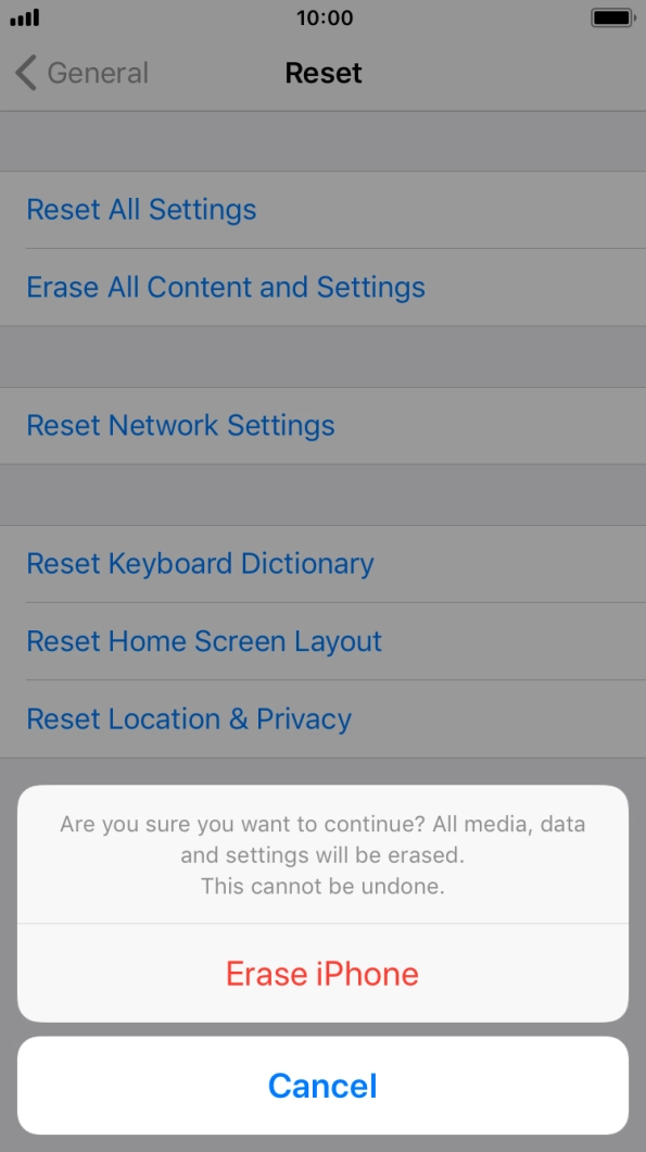 Press Erase iPhone. Wait a moment while the factory default settings are restored. Follow the instructions on the screen to set up your phone and prepare it for use. Press Erase iPhone. Wait a moment while the factory default settings are restored. Follow the instructions on the screen to set up your phone and prepare it for use.
