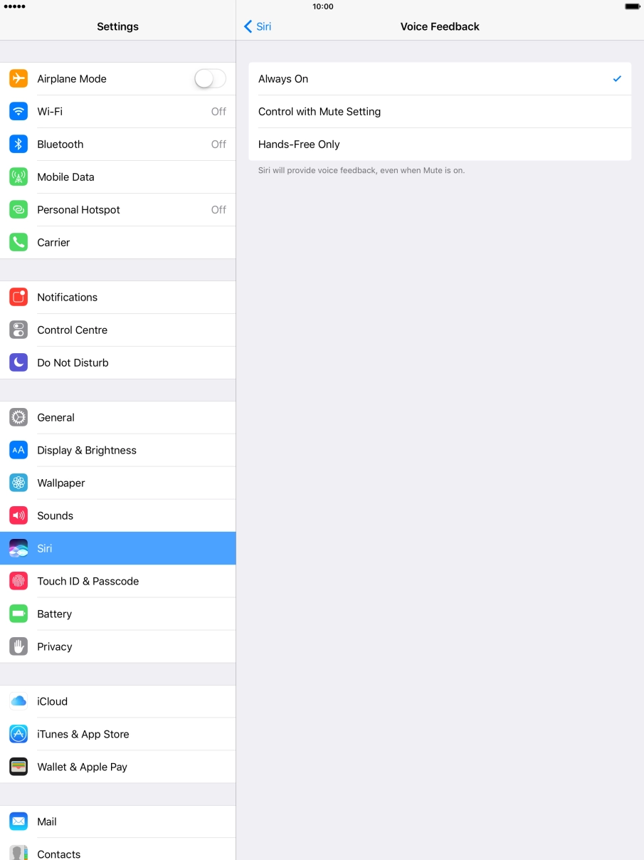 Press the required setting.