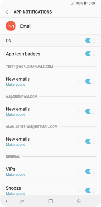 Press the indicator next to the required email account to turn the function on or off. Press the indicator next to the required email account to turn the function on or off.