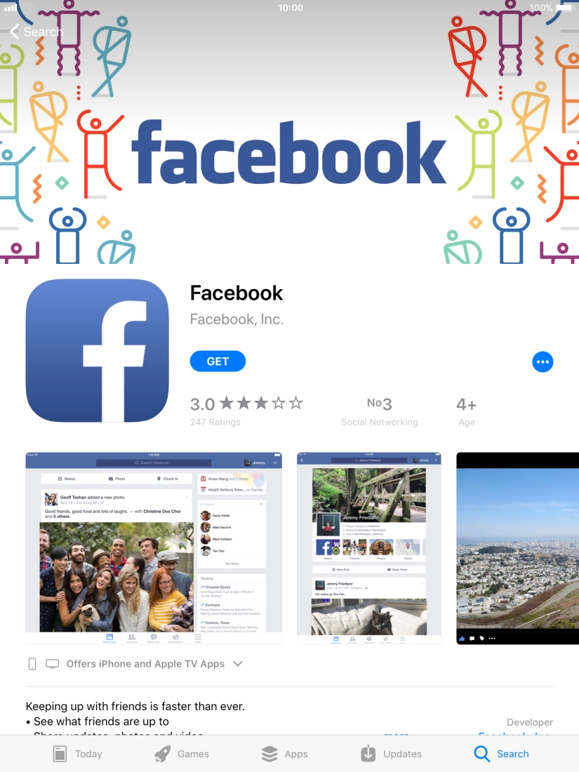 Press GET and follow the instructions on the screen to install Facebook. Press GET and follow the instructions on the screen to install Facebook.